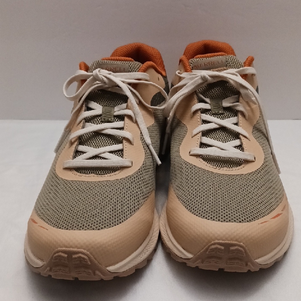 Merrell fly Strike2 size 11 men's lace-up tan,green and orange athletic sneaker.